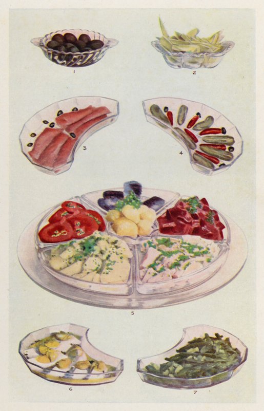 Oliver; dressad cikoria; rökt lax; gurka och chilipeppar; smör, tomatskivor, potatissallad, tunfisk, rödbetor, sardiner; äggmajonnäs; bönsallad (färglitografi) av English School