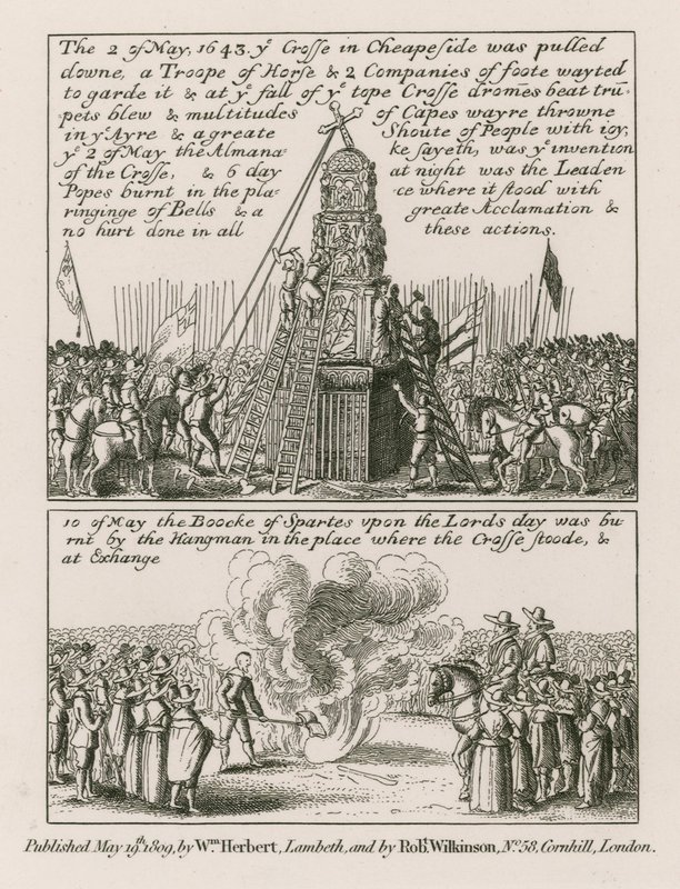 Den 2 maj 1643 drogs korset i Cheapside, London, ner av English School
