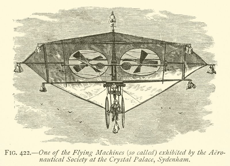 En av de flygande maskinerna (så kallade) som ställs ut av Aeronautical Society på Crystal Palace, Sydenham (gravyr) av English School