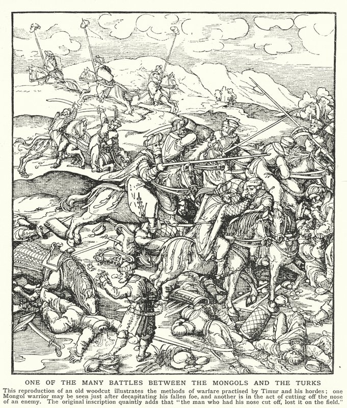 En av de många striderna mellan mongolerna och turkarna (litho) av English School