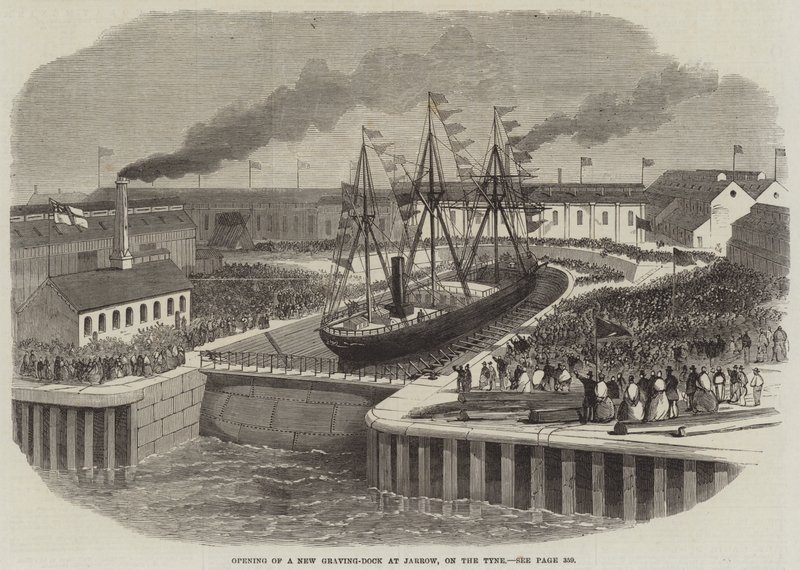 Öppning av en ny Graving-Dock vid Jarrow, on the Tyne (gravyr) av English School