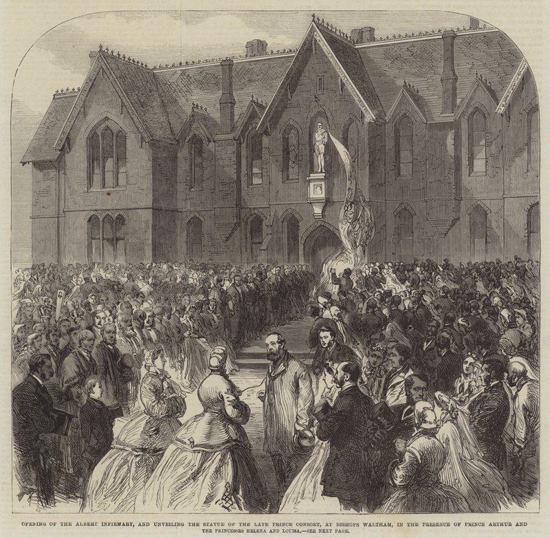 Invigning av Albert Infirmary och avtäckning av statyn av den avlidne prinsgemalen, på Bishops Waltham, i närvaro av prins Arthur och prinsessorna Helena och Louisa (gravyr) av English School