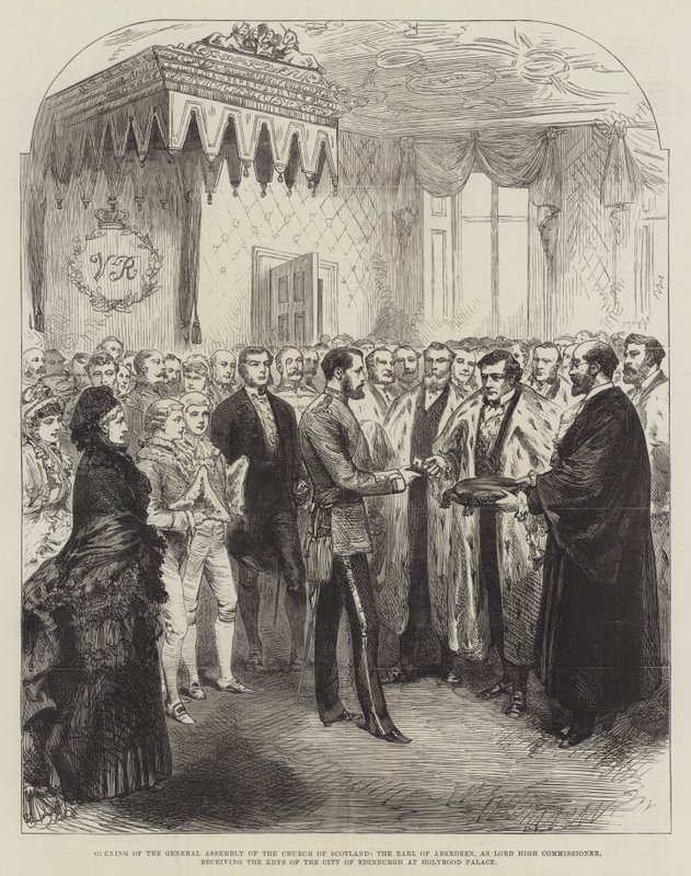 Invigning av den skotska kyrkans generalförsamling, jarlen av Aberdeen, som Lord High Commissioner, tar emot nycklarna till Edinburghs stad vid Holyrood Palace (gravyr) av English School