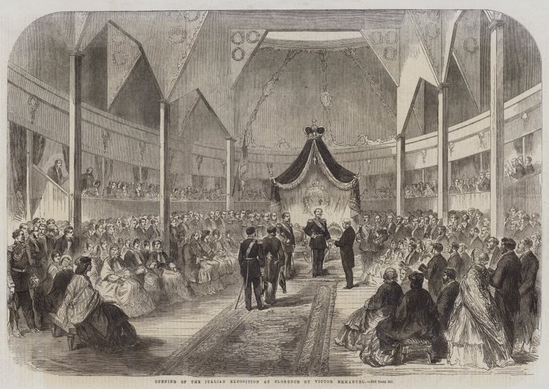 Invigning av den italienska utställningen i Florens av Victor Emmanuel (gravyr) av English School