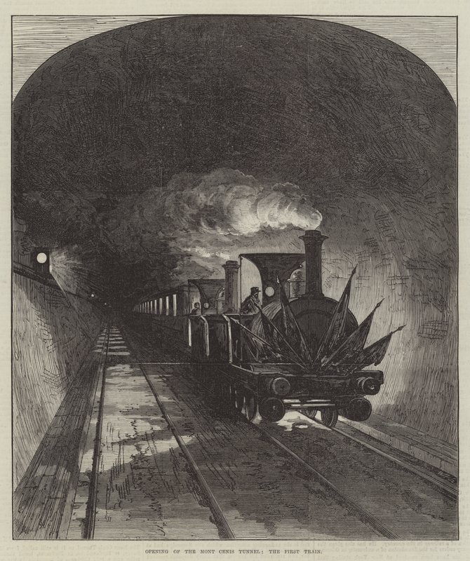 Öppning av Mont Cenis-tunneln, det första tåget (gravyr) av English School