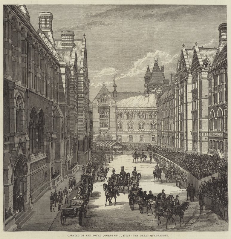 Invigning av Royal Courts of Justice, Great Quadrangle (gravyr) av English School