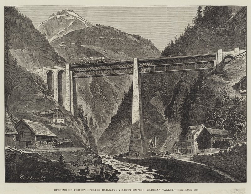 Öppning av St Gothard Railway, viadukten på Maderan Valley (gravyr) av English School