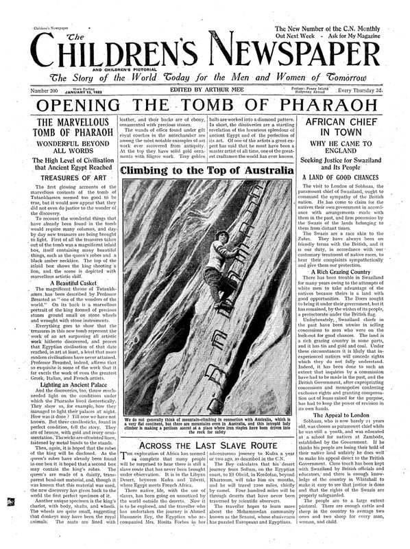 Öppnar Faraos grav, illustration från The Childrens Newspaper, 13 januari 1923 (tidningspapper) av English School