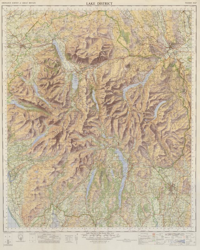 Ordnance Survey-karta över Lake District (färglitografi) av English School