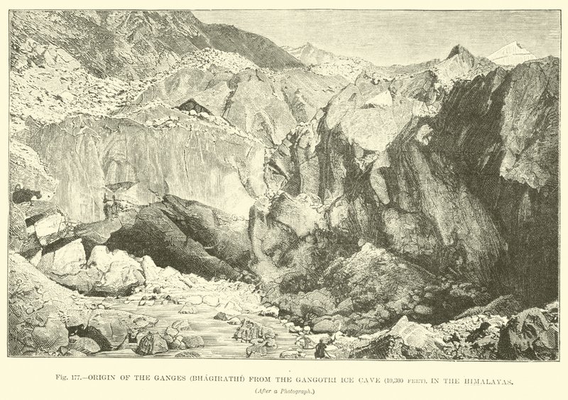 Ursprunget till Ganges (Bhagirathi) från Gangotri Ice Cave (10 300 fot), i Himalaya av English School