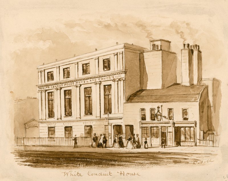 Original sepiateckning av det nya White Conduit House, Pentonville, London (bläck på papper) av English School