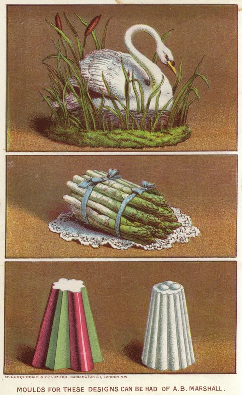 Prydnadsformar för att skapa ismat i form av en svan och ett knippe sparris (chromolitho) av English School