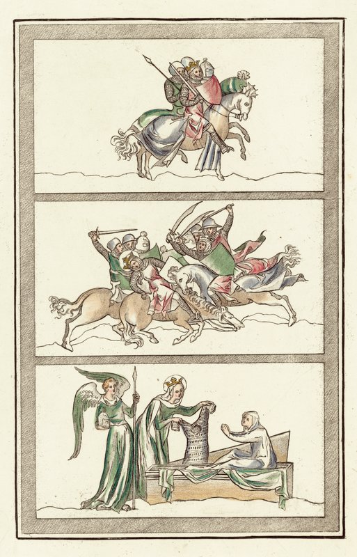 Oswald King of Northumberland med sin armé, Battle Of Maserfield, Miracle of the Virgin Mary (färgad gravyr) av English School