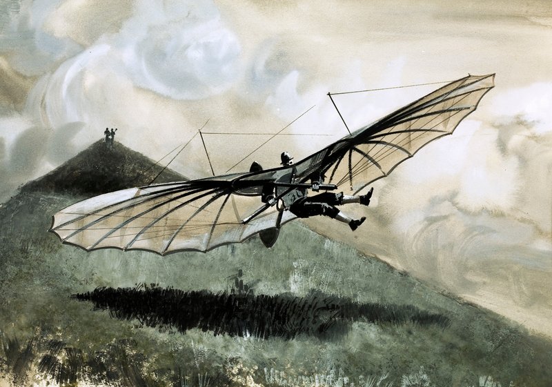 Otto Lilienthal gjorde över 1 000 flygningar i sitt primitiva segelflygplan (gouache på papper) av English School