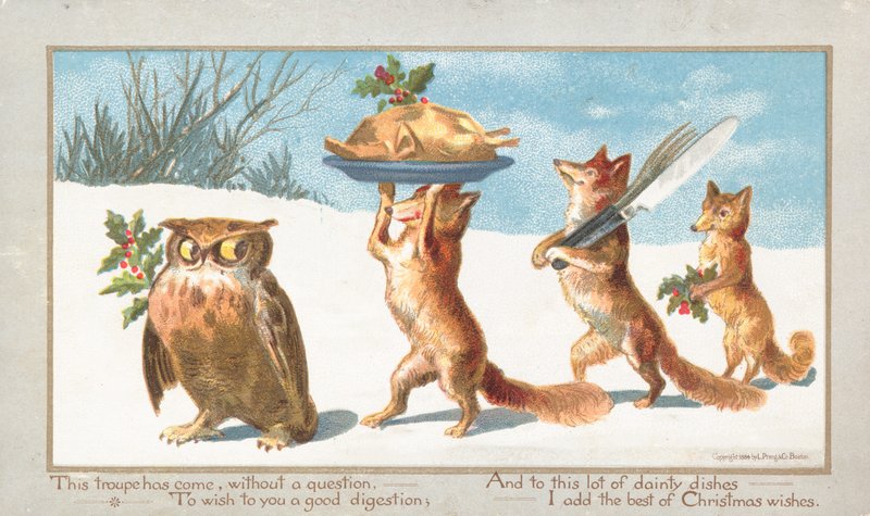 Uggla och rävar som bär julfest, julkort av English School