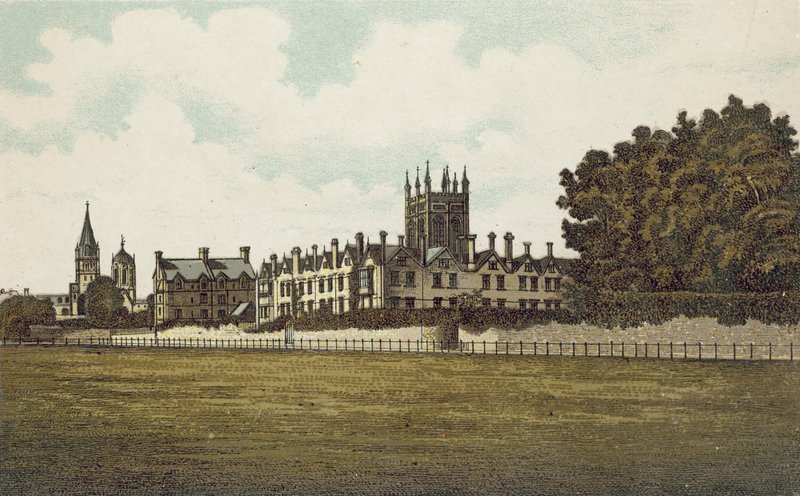 Oxford: Merton College från fälten (färglitografi) av English School