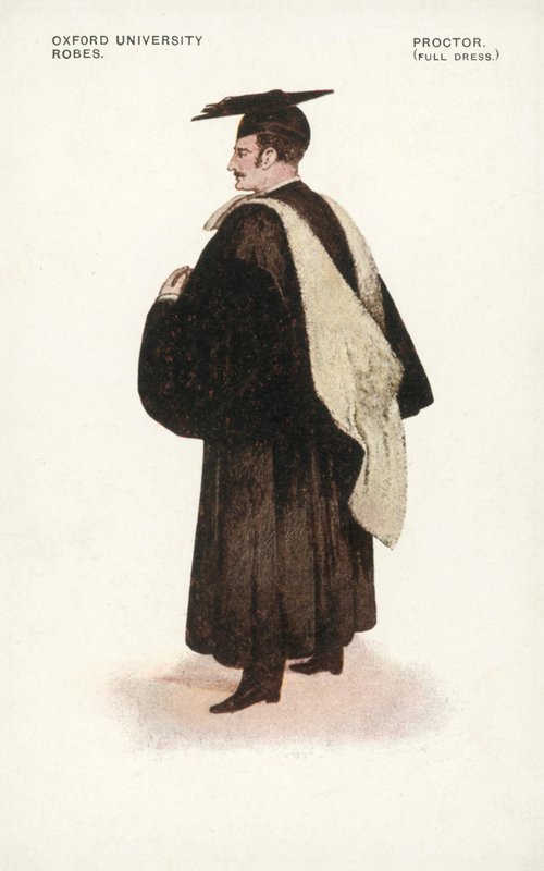 Oxford University Robes: Proctor, full dräkt (färglitografi) av English School