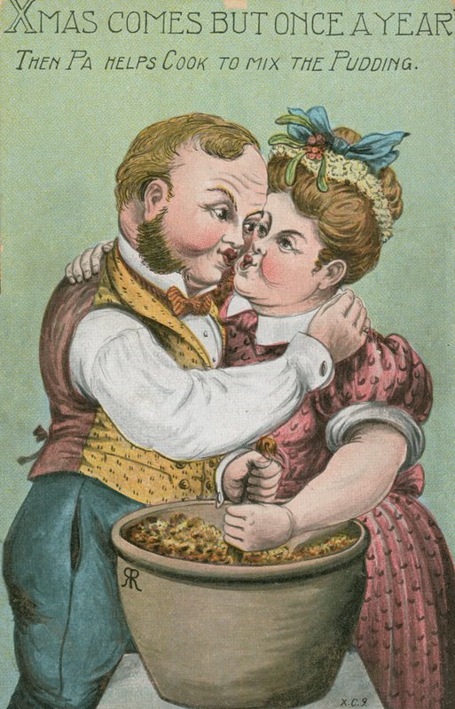 Pa och laga mat, rör om julpuddingen (färg litho) av English School