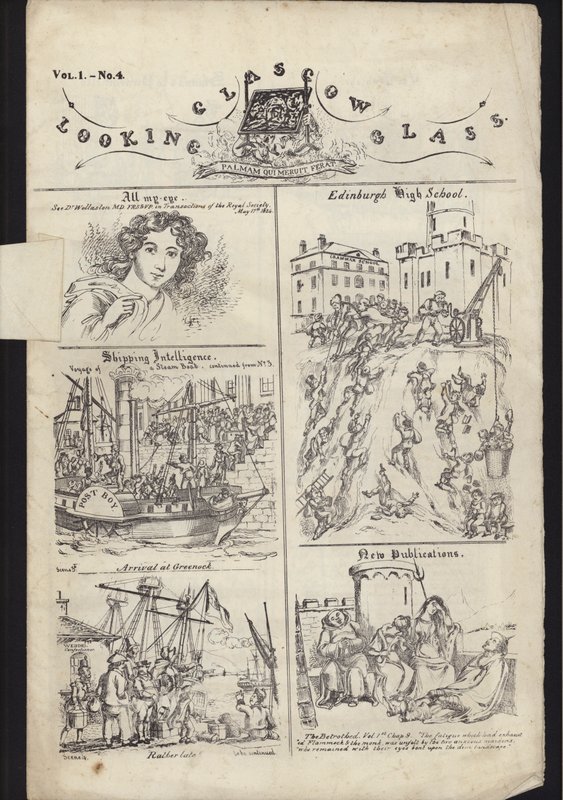 Sida från broschyr om Glasgow Fair, publicerad den 23 juli 1835 (gravyr) av English School