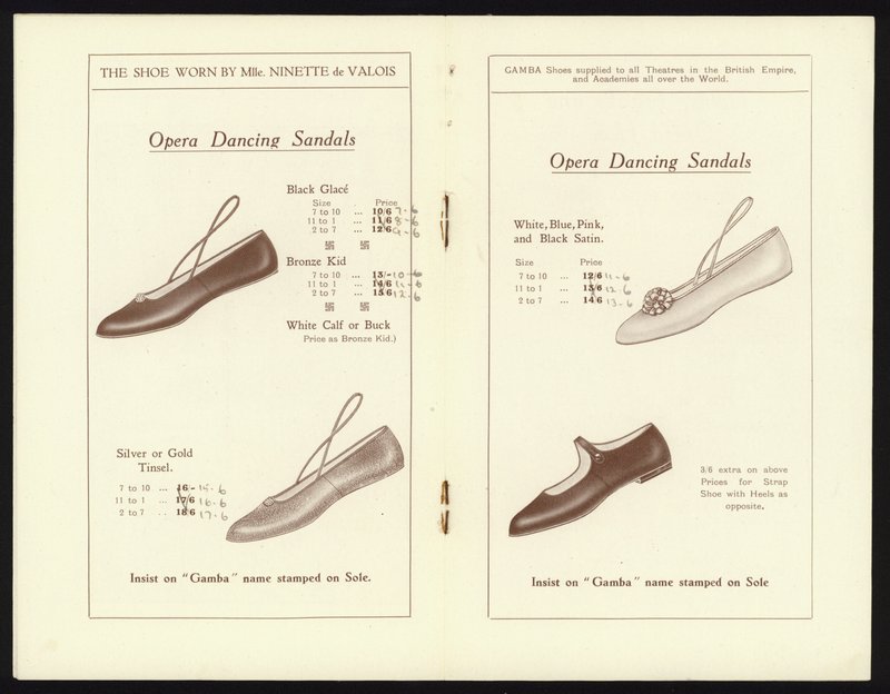 Sidor från katalogen över Gambas berömda Milan Toe Ballet Shoe (litho) av English School