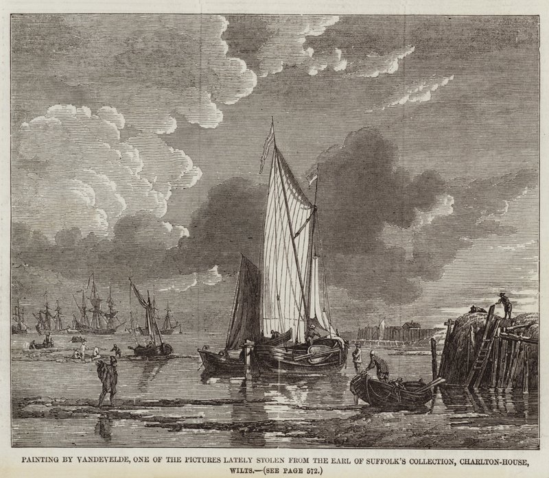 Målning av Vandevelde, en av de bilder som nyligen stulits från Earl of Suffolks samling, Charlton-House, Wilts (gravyr) av English School