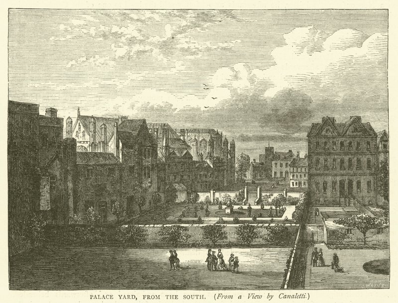 Palace Yard, från söder, från en vy av Canaletti (gravyr) av English School