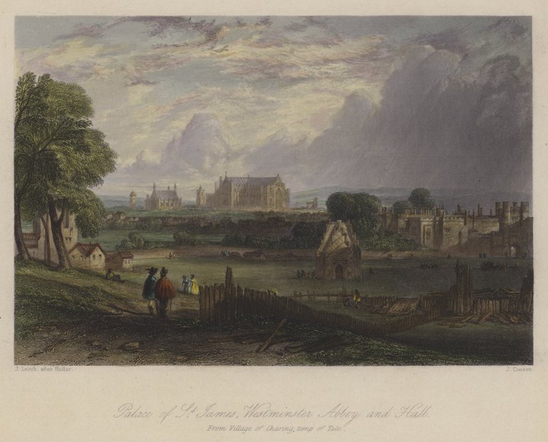 Palace of St James, Westminster Abbey and Hall, London (färgad gravyr) av English School