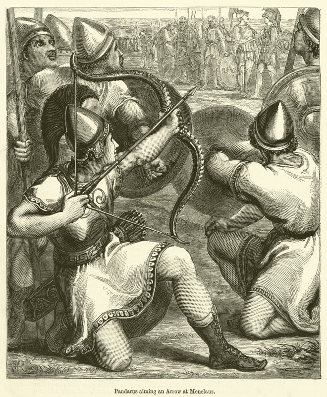 Pandarus riktar en pil mot Menelaos (gravyr) av English School