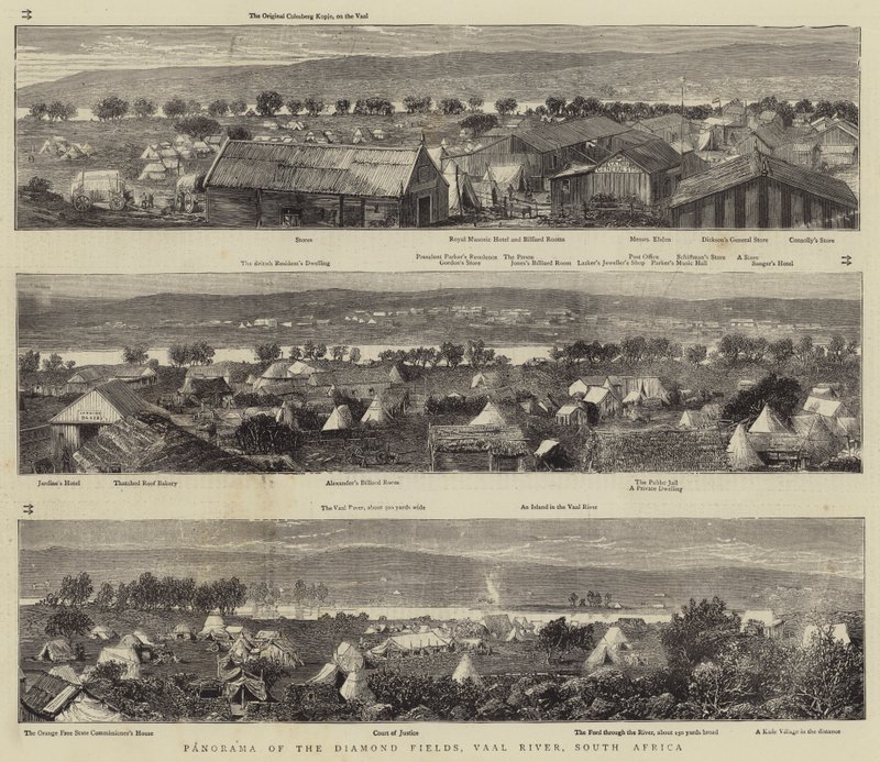 Panorama över diamantfälten, Vaalfloden, Sydafrika (gravyr) av English School