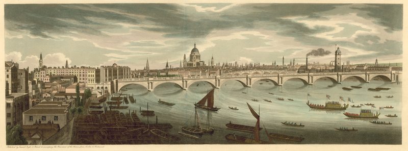 Panoramautsikt över London inklusive London Bridge och St Pauls Cathedral av English School