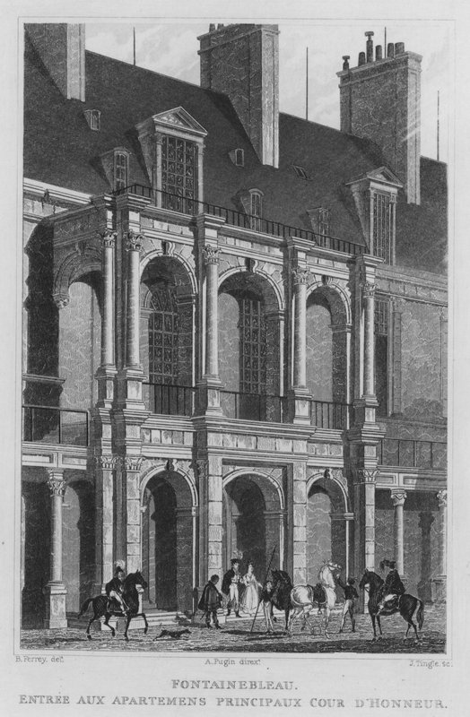 Paris, Fontainebleau, Entré till huvudlägenheterna Court of Honor (gravyr) av English School