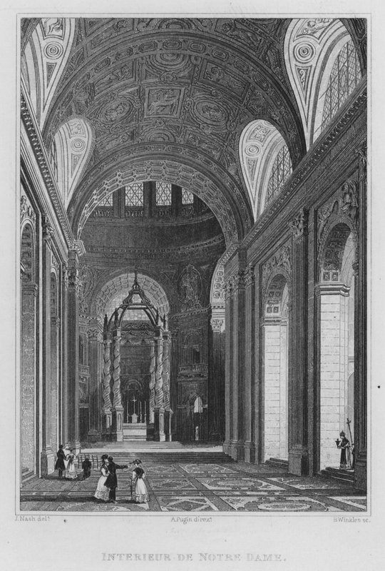 Paris, interiör av Notre Dame (gravyr) av English School