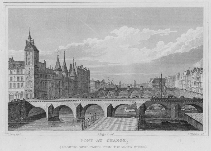 Paris, Pont Au Change, blickande västerut, taget från vattenverket (gravyr) av English School
