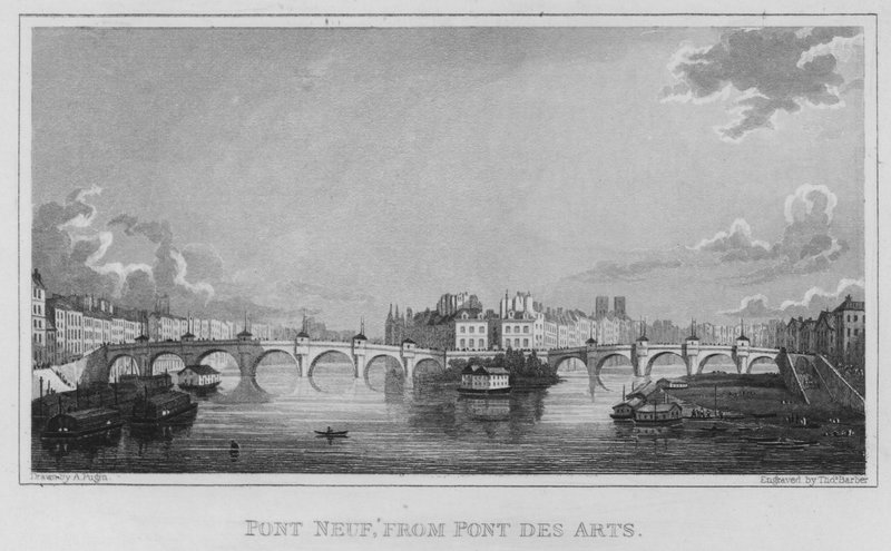 Paris, Pont Neuf, från Pont Des Arts (gravyr) av English School