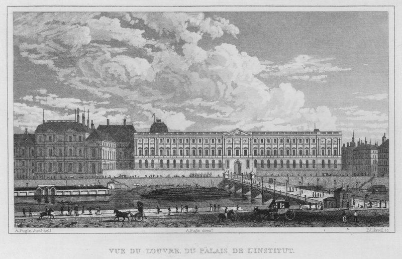 Paris, utsikt över Louvren, från Institutets palats (gravyr) av English School