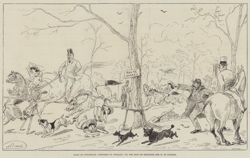 Paris till häst, Bois de Boulogne och Madame de Lesseps (gravyr) av English School