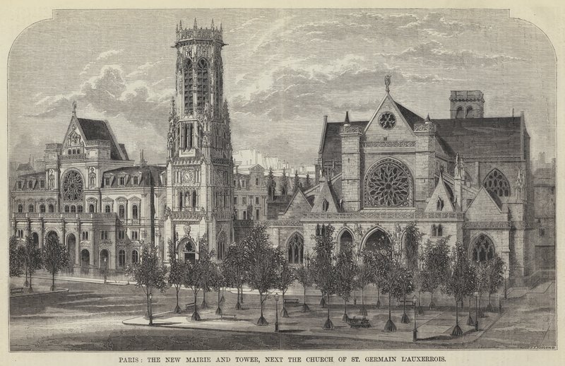 Paris, den nya Mairie och tornet, bredvid kyrkan St Germain l