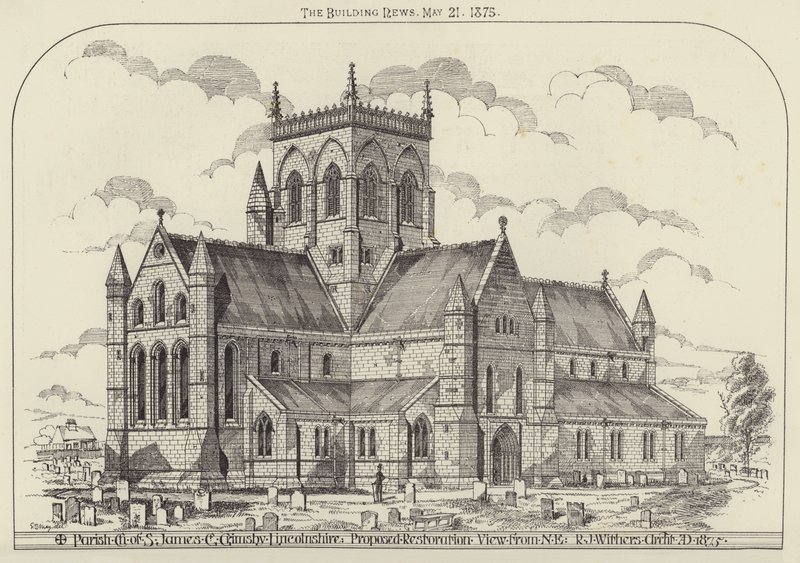 Parish Church of S James, Great Grimsby, Lincolnshire, föreslagen restaurering, Vy från NE (gravyr) av English School