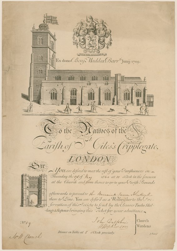 Parish of St Giles Cripplegate, slår gränserna, inbjudan, 1860 av English School