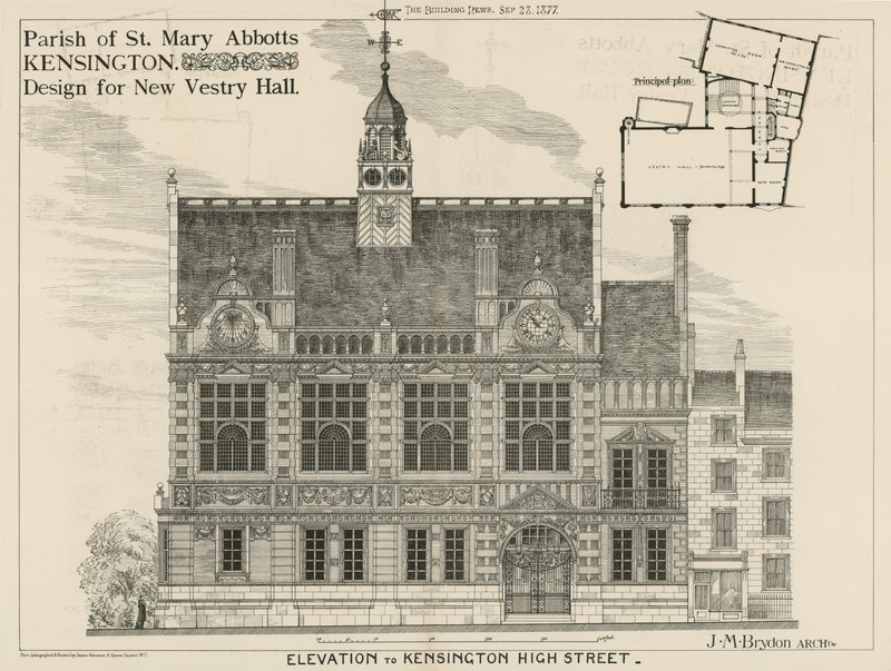 Parish of St Mary Abbots, Kensington, design för New Vestry Hall av English School