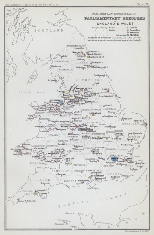Parlamentarisk representation, parlamentsdistrikt i England och Wales (färglitografi) av English School