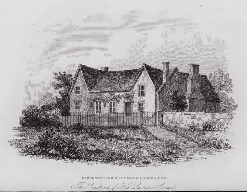 Parsonage House, Coxwold, Yorkshire, residenset för pastor Laurence Sterne (gravyr) av English School