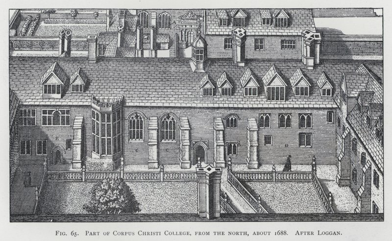 Del av Corpus Christi College, från norr, ca 1688, efter Loggan (gravyr) av English School