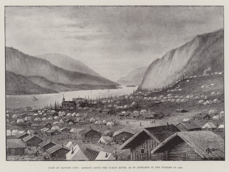 En del av Dawson City, tittar nedför Yukonfloden, som den såg ut sommaren 1898 (litho) av English School