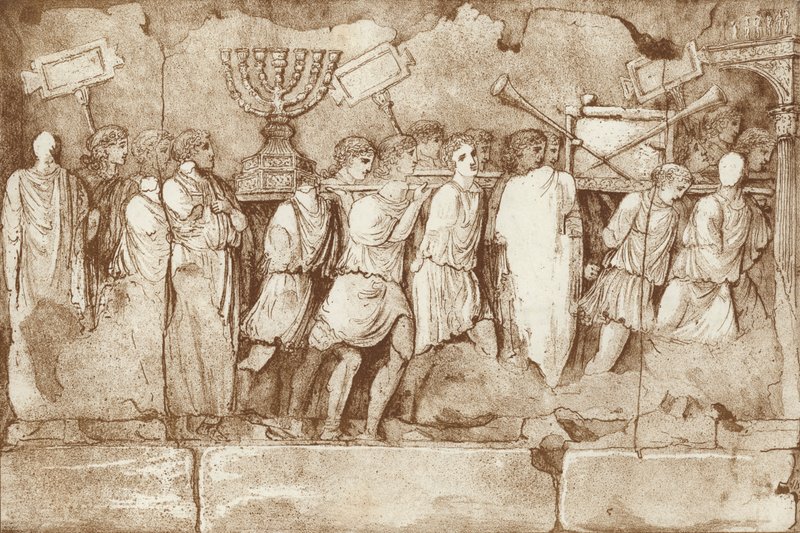 Del av en fris på Titusbågen i Rom, som visar judiska fångar som bär på föremål från Jerusalem av English School