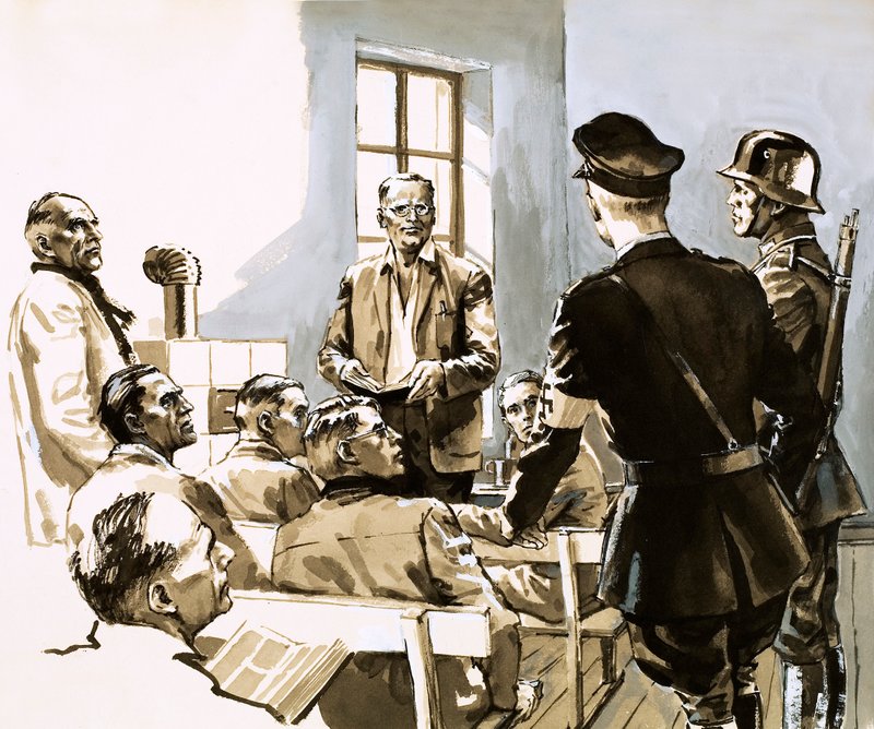 Pastor Dietrich Bonhoeffer uttalar sig mot Hitlers nazistparti (gouache på papper) av English School