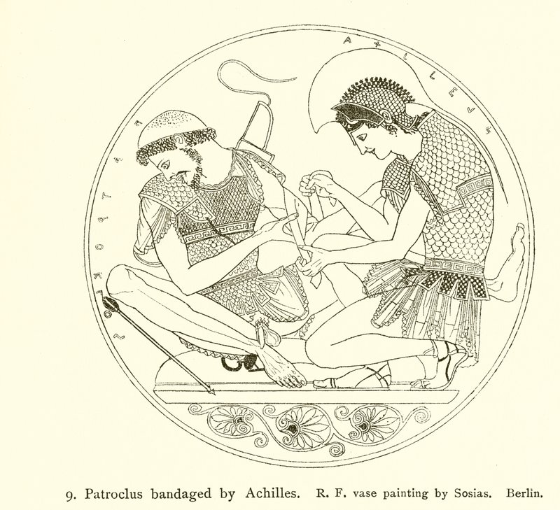 Patroklos bandagerad av Achilles av English School