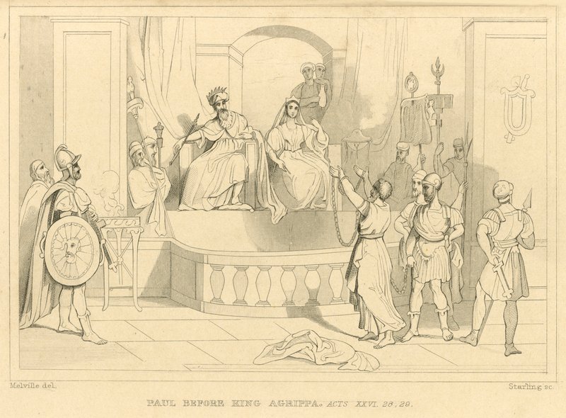 Paulus inför kung Agrippa, Apostlagärningarna XXVI, 28, 29 (gravyr) av English School