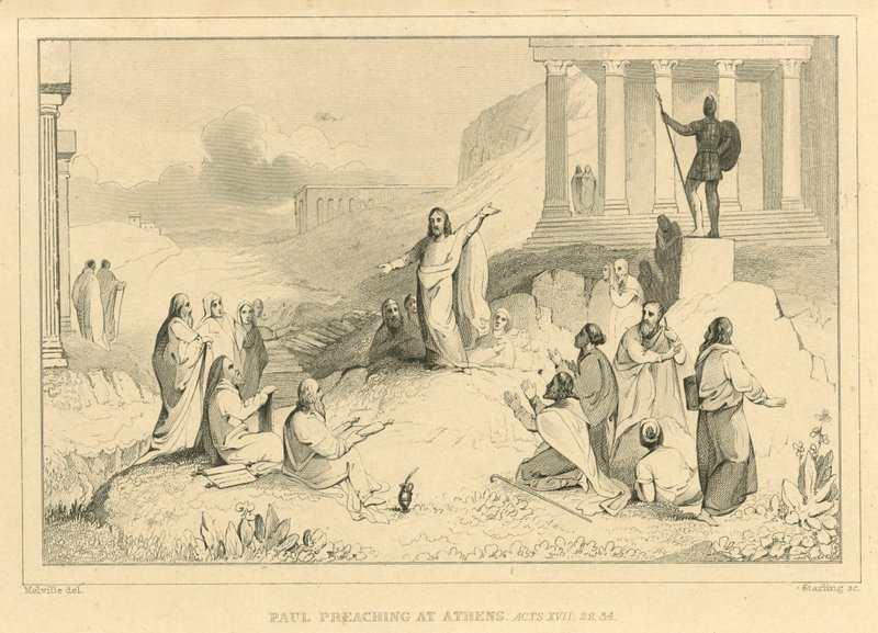 Paulus predikar i Aten, Apostlagärningarna XVII, 22, 34 av English School