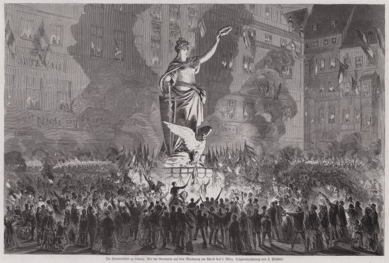 Fredsfirande före statyn av Germania på marknadstorget i Leipzig, Tyskland, på kvällen den 5 mars 1870 (gravyr) av English School